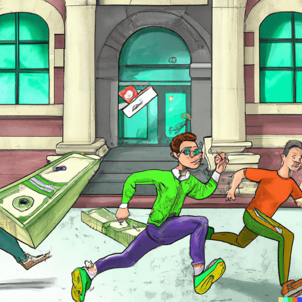People running away from a bank with green money bills in their hands